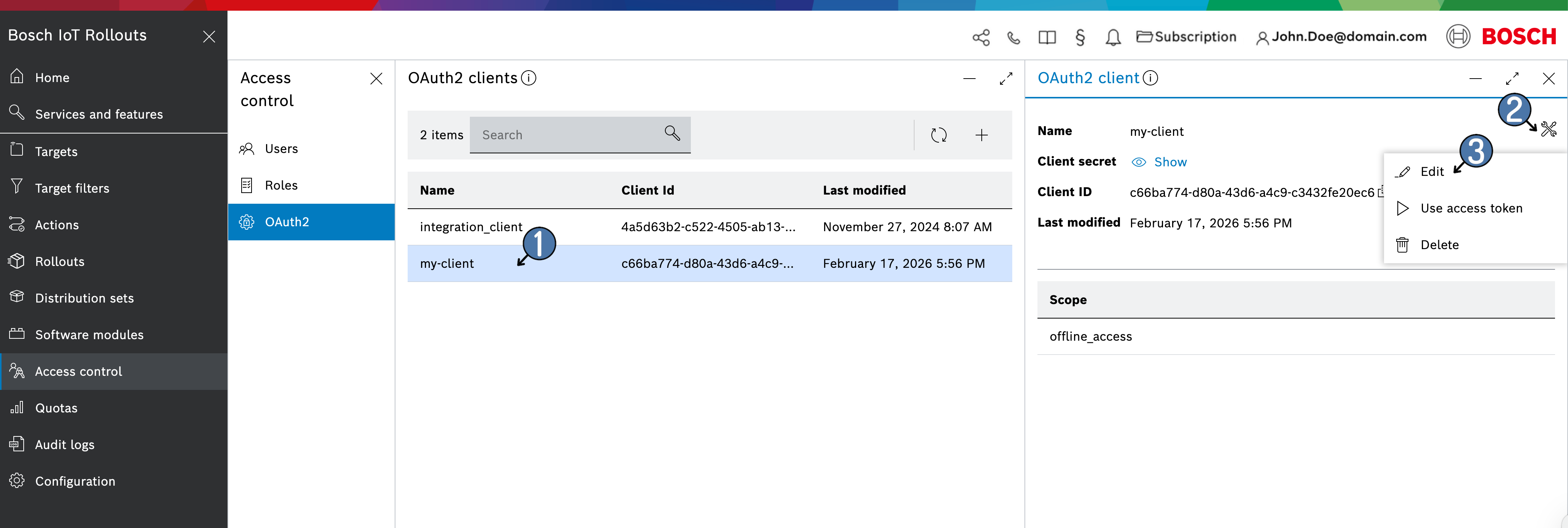 OAuth2 client actions menu with the Edit option