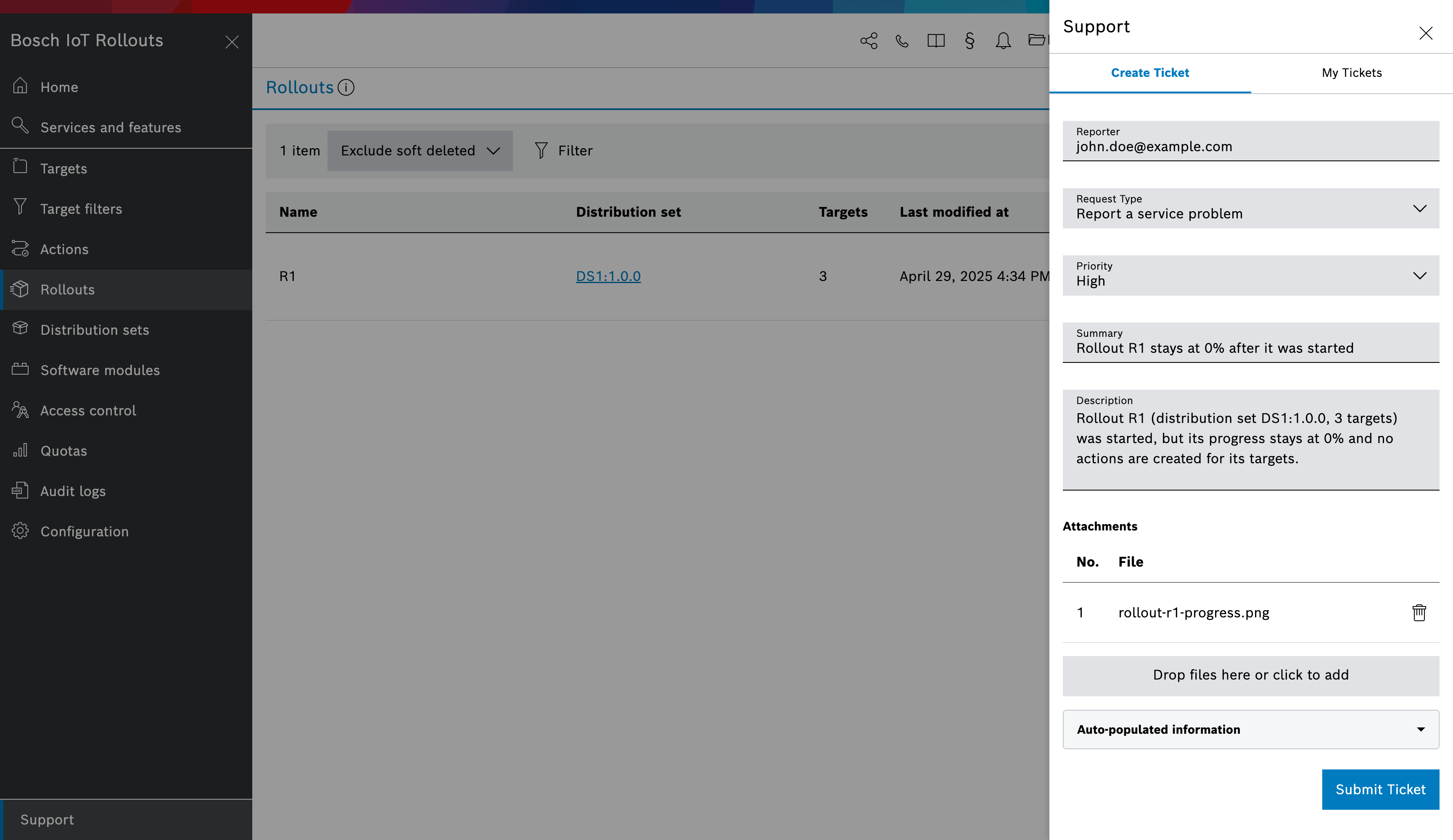 Create Ticket tab with a filled-in ticket